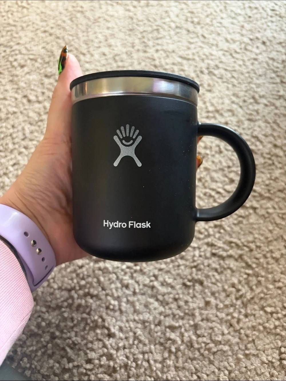 B70 Hydro Flask 12oz mug w lid, black and stainless steel finish